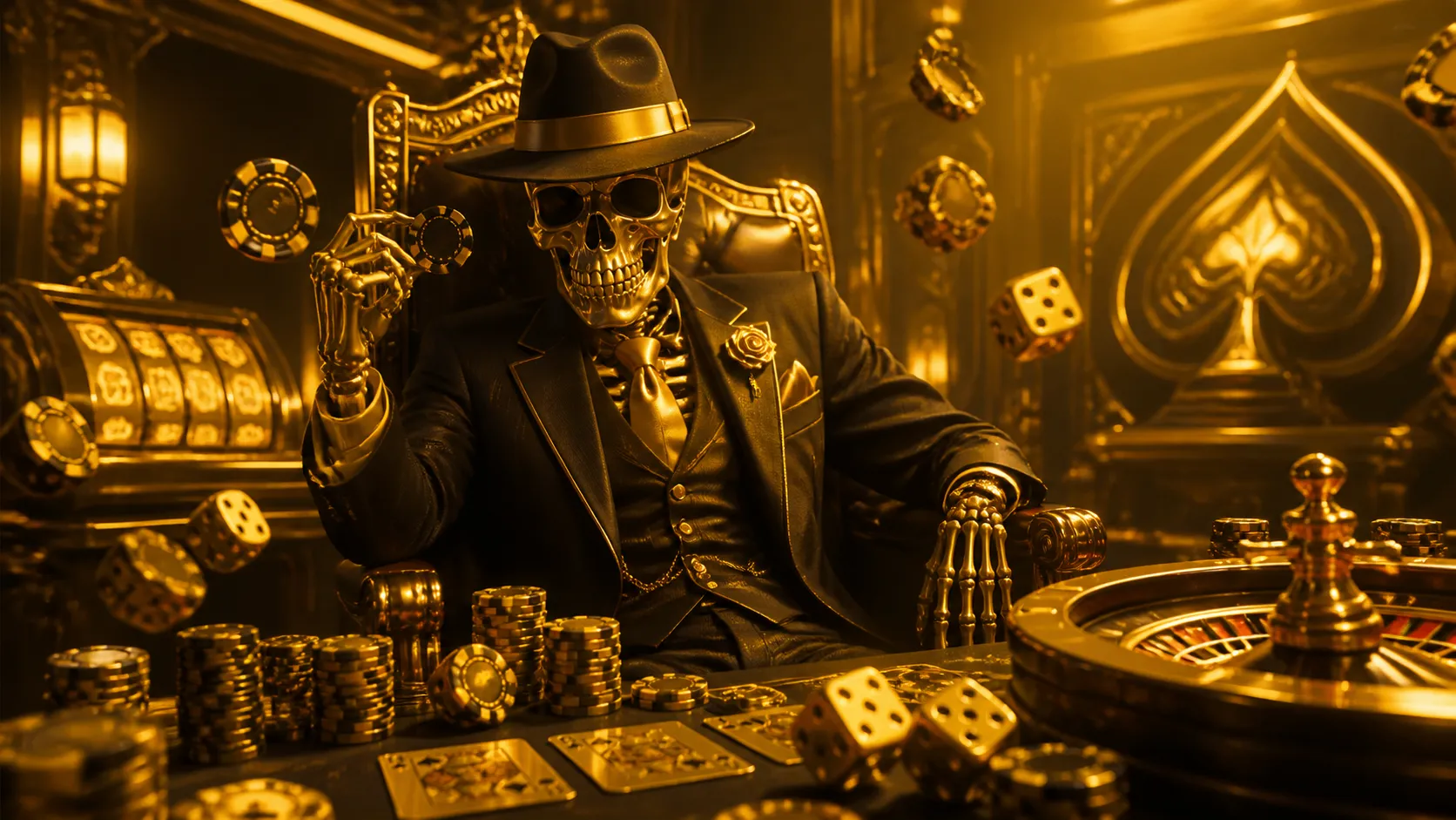 Abstract cinematic composition with poker chips, glowing dice, and a roulette wheel in Gangbob's luxury casino theme colors,